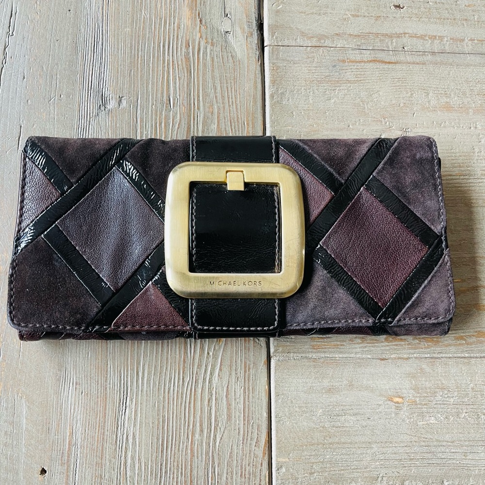 Michael Kors leather and patent leather clutch with large Gold Buckle - Brown